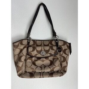 Coach Signature Brown Tan Canvas Leather Trim‎ Shoulder Bag Tote Purse